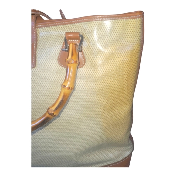 Dooney & Burke 70's Vintage Panama Collection Bamboo Handle Tan and Cream Bag - Picture 5 of 11